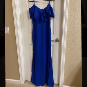 Blue cold shoulder evening dress